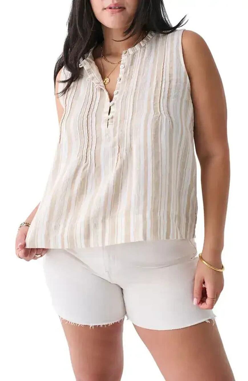 Faherty Isha Pintuck Pleat Linen Tank Natural Bombay Beige Stripe Medium New